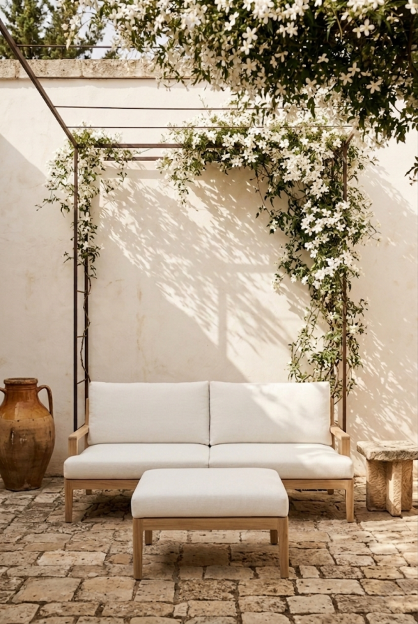 QUEBEC OTTOMAN + CUSHION BROKEN WHITE